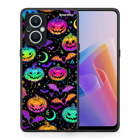 Θήκη Oppo Reno7 Lite Neon Halloween από τη Smartfits με σχέδιο στο πίσω μέρος και μαύρο περίβλημα | Oppo Reno7 Lite Neon Halloween Case with Colorful Back and Black Bezels