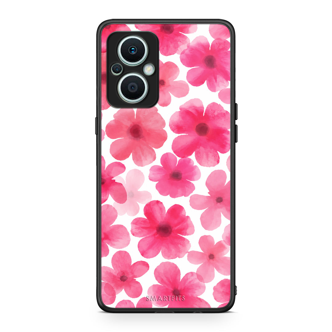 Θήκη Oppo Reno7 Lite Pink Watercolour Flowers on White από τη Smartfits με σχέδιο στο πίσω μέρος και μαύρο περίβλημα | Oppo Reno7 Lite Pink Watercolour Flowers on White case with colorful back and black bezels