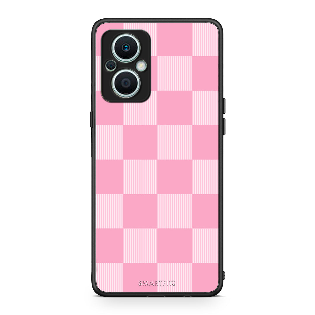 Θήκη Oppo Reno7 Lite Pink and White Striped Checks από τη Smartfits με σχέδιο στο πίσω μέρος και μαύρο περίβλημα | Oppo Reno7 Lite Pink and White Striped Checks case with colorful back and black bezels