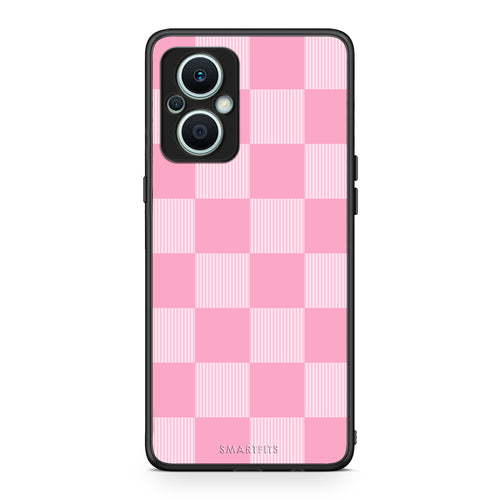 Θήκη Oppo Reno7 Lite Pink and White Striped Checks από τη Smartfits με σχέδιο στο πίσω μέρος και μαύρο περίβλημα | Oppo Reno7 Lite Pink and White Striped Checks case with colorful back and black bezels