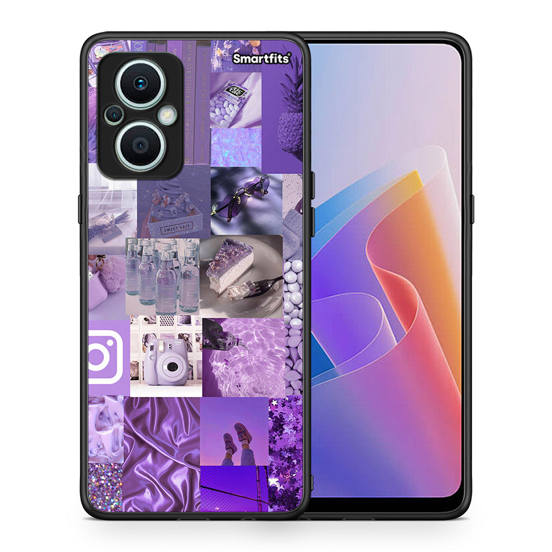 Θήκη Oppo Reno7 Lite Purple Aesthetic Collage από τη Smartfits με σχέδιο στο πίσω μέρος και μαύρο περίβλημα | Oppo Reno7 Lite Purple Aesthetic Collage Case with Colorful Back and Black Bezels