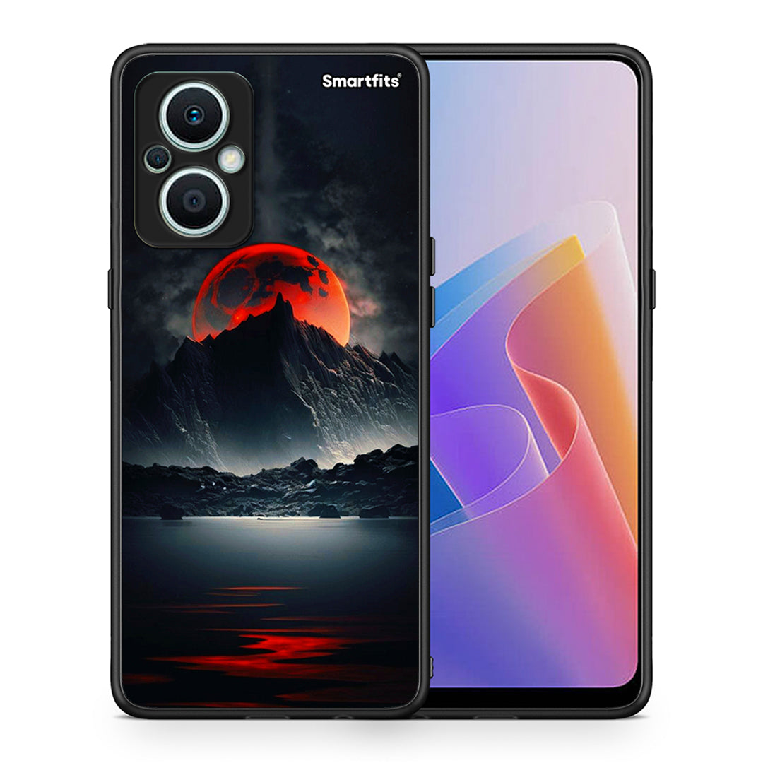Θήκη Oppo Reno7 Lite Red Full Moon από τη Smartfits με σχέδιο στο πίσω μέρος και μαύρο περίβλημα | Oppo Reno7 Lite Red Full Moon Case with Colorful Back and Black Bezels