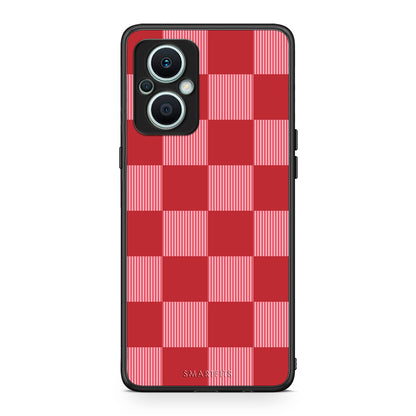 Θήκη Oppo Reno7 Lite Red and Pink Striped Checks από τη Smartfits με σχέδιο στο πίσω μέρος και μαύρο περίβλημα | Oppo Reno7 Lite Red and Pink Striped Checks case with colorful back and black bezels