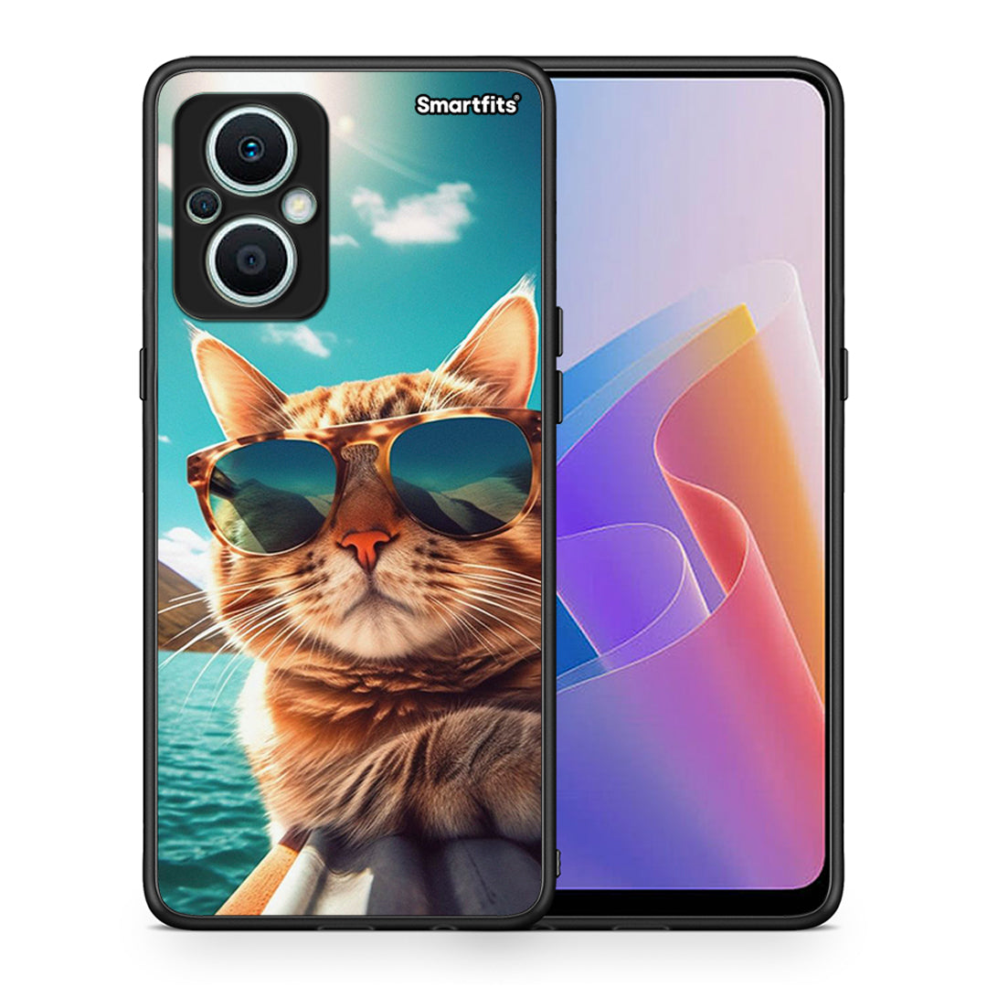 Θήκη Oppo Reno7 Lite Summer Cat από τη Smartfits με σχέδιο στο πίσω μέρος και μαύρο περίβλημα | Oppo Reno7 Lite Summer Cat Case with Colorful Back and Black Bezels