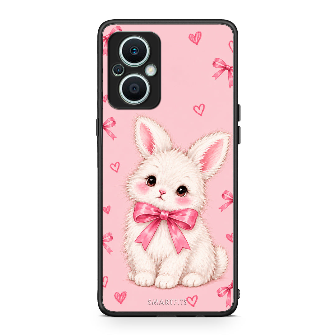 Θήκη Oppo Reno7 Lite White Bunny and Pink Bows από τη Smartfits με σχέδιο στο πίσω μέρος και μαύρο περίβλημα | Oppo Reno7 Lite White Bunny and Pink Bows case with colorful back and black bezels