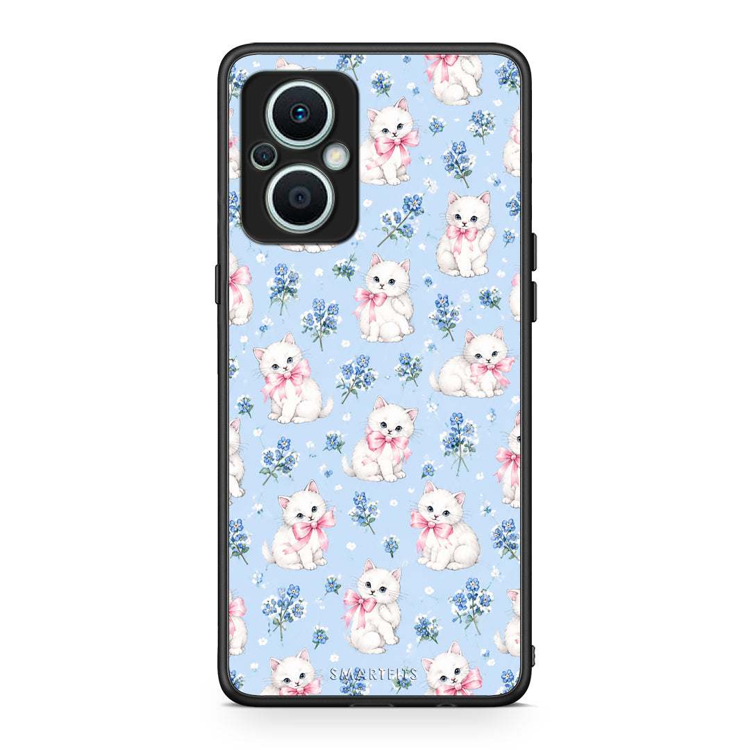 Θήκη Oppo Reno7 Lite White Kittens and Blue Flowers Small από τη Smartfits με σχέδιο στο πίσω μέρος και μαύρο περίβλημα | Oppo Reno7 Lite White Kittens and Blue Flowers Small case with colorful back and black bezels