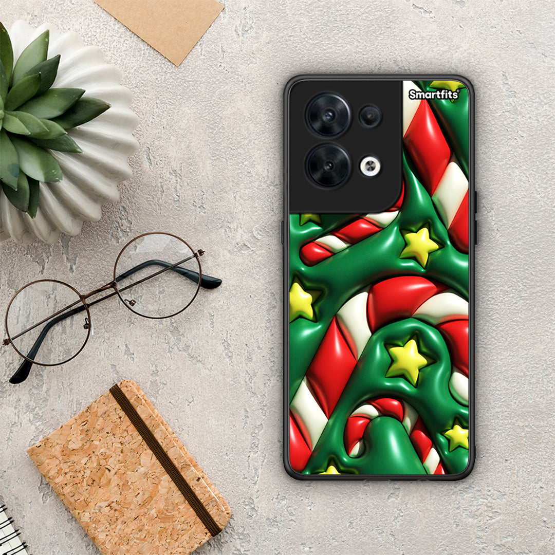 Θήκη Oppo Reno8 5G Christmas Bubbles από τη Smartfits με σχέδιο στο πίσω μέρος και μαύρο περίβλημα | Oppo Reno8 5G Christmas Bubbles Case with Colorful Back and Black Bezels