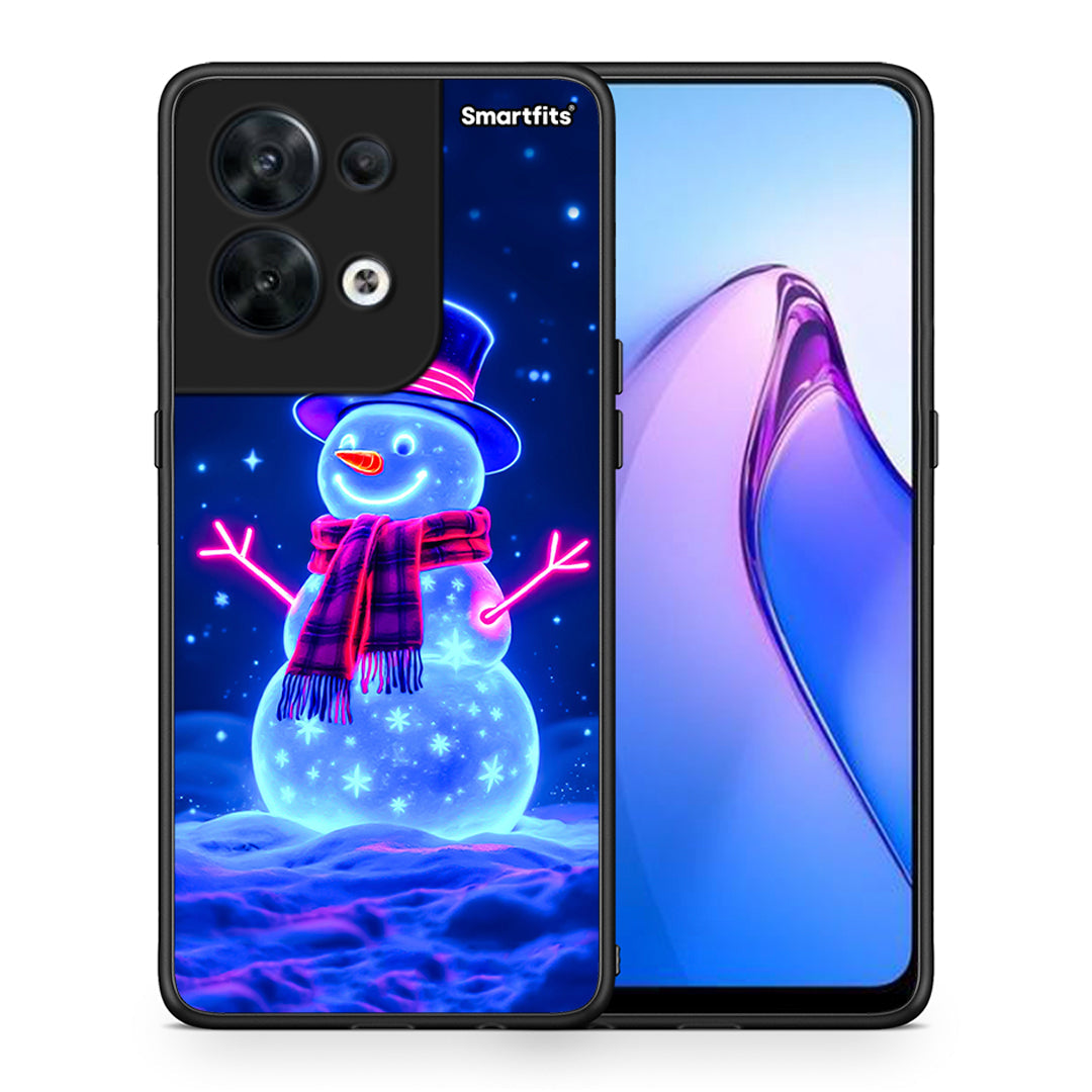 Θήκη Oppo Reno8 5G Christmas Neon Snowman από τη Smartfits με σχέδιο στο πίσω μέρος και μαύρο περίβλημα | Oppo Reno8 5G Christmas Neon Snowman Case with Colorful Back and Black Bezels