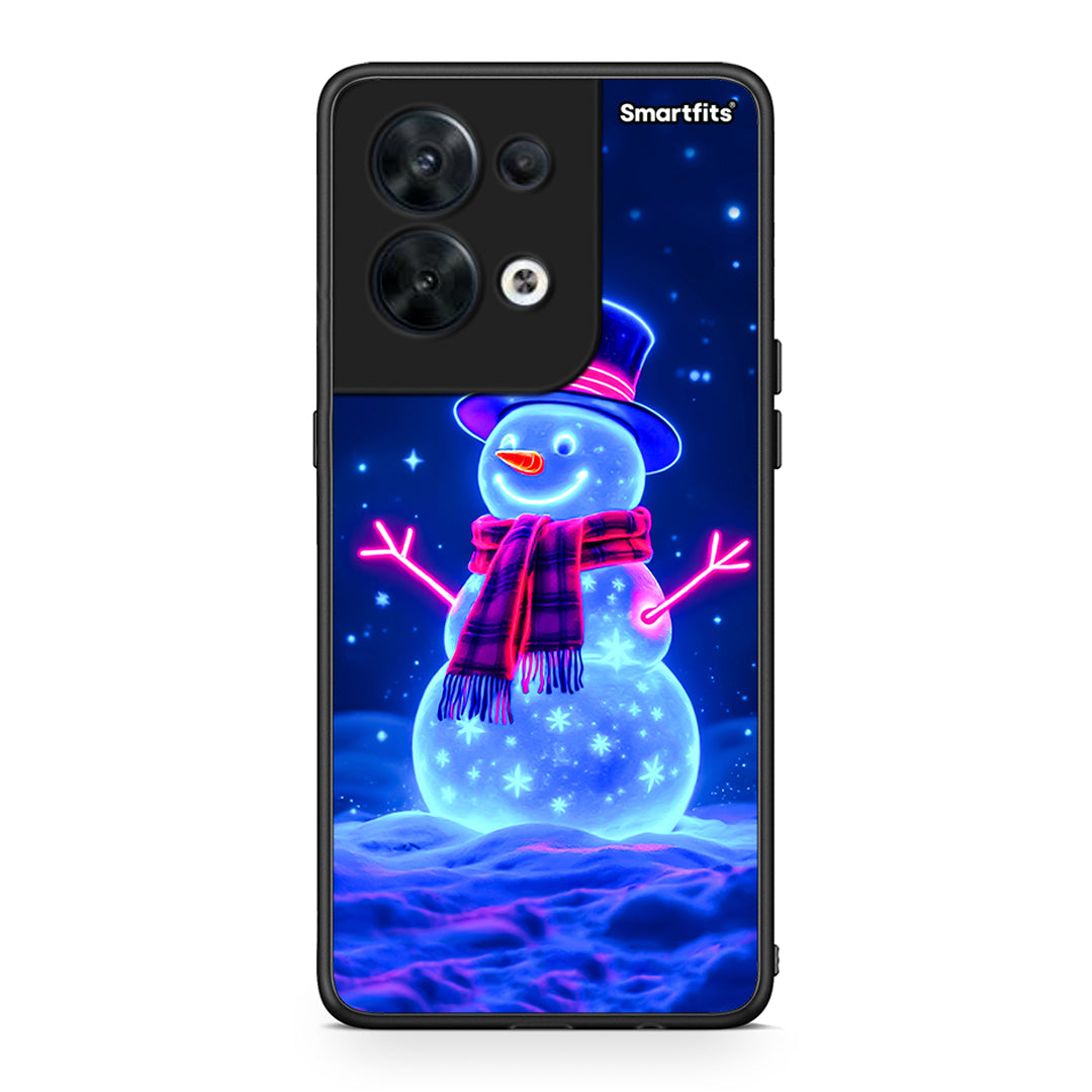 Θήκη Oppo Reno8 5G Christmas Neon Snowman από τη Smartfits με σχέδιο στο πίσω μέρος και μαύρο περίβλημα | Oppo Reno8 5G Christmas Neon Snowman Case with Colorful Back and Black Bezels