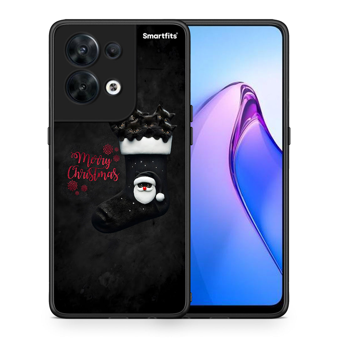 Θήκη Oppo Reno8 5G Merry Cat Christmas από τη Smartfits με σχέδιο στο πίσω μέρος και μαύρο περίβλημα | Oppo Reno8 5G Merry Cat Christmas Case with Colorful Back and Black Bezels