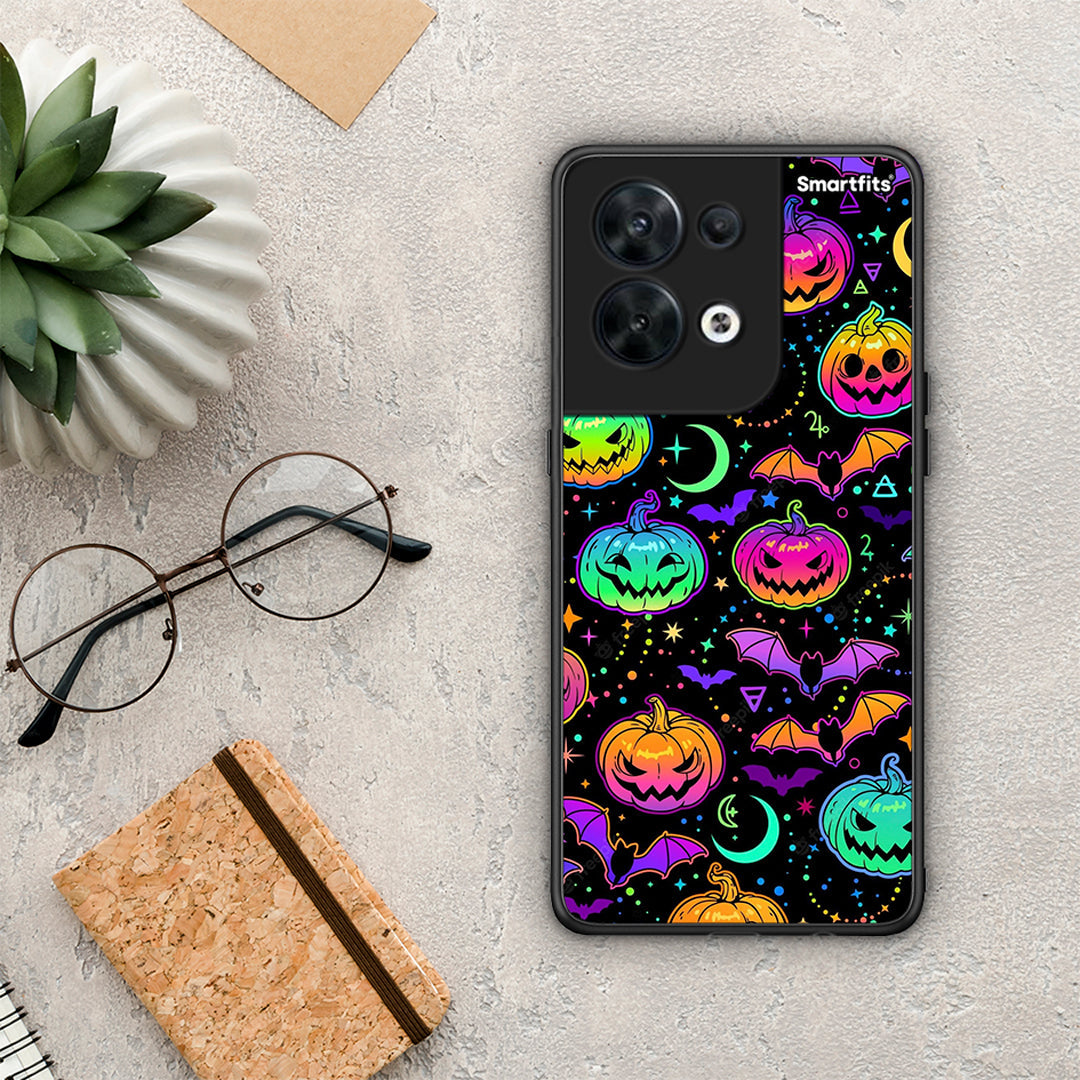 Θήκη Oppo Reno8 5G Neon Halloween από τη Smartfits με σχέδιο στο πίσω μέρος και μαύρο περίβλημα | Oppo Reno8 5G Neon Halloween Case with Colorful Back and Black Bezels