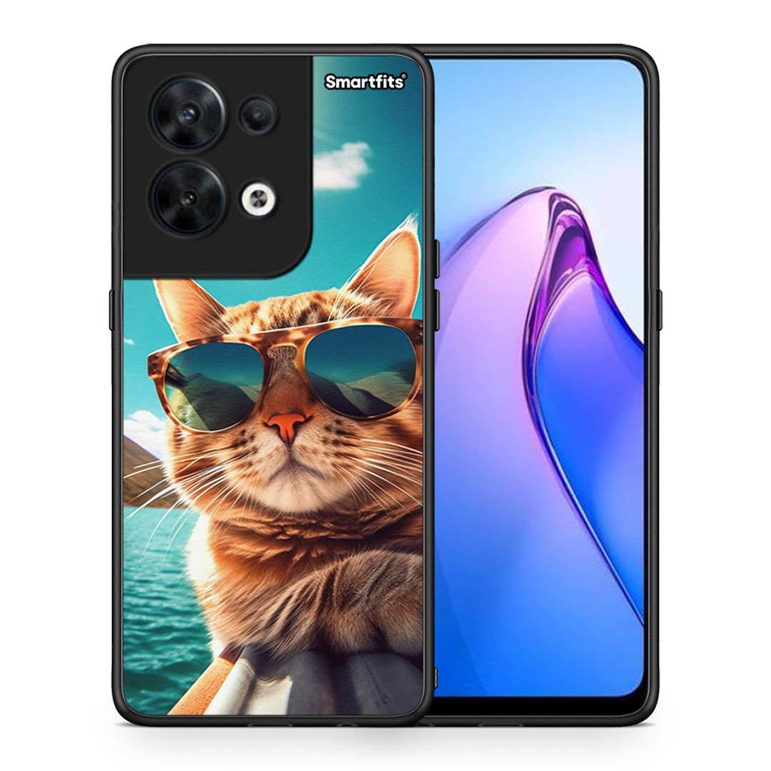 Θήκη Oppo Reno8 5G Summer Cat από τη Smartfits με σχέδιο στο πίσω μέρος και μαύρο περίβλημα | Oppo Reno8 5G Summer Cat Case with Colorful Back and Black Bezels