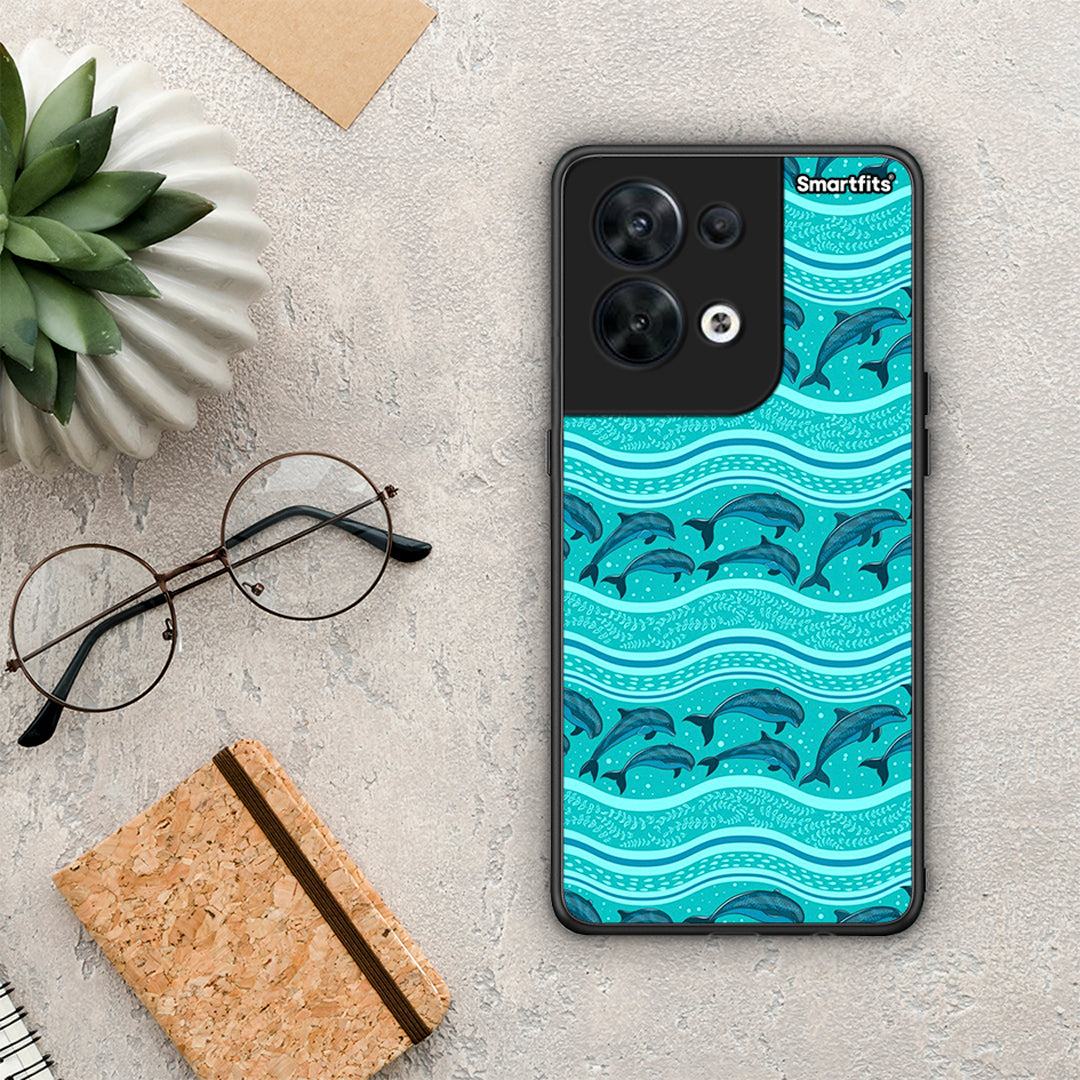 Θήκη Oppo Reno8 5G Swimming Dolphins από τη Smartfits με σχέδιο στο πίσω μέρος και μαύρο περίβλημα | Oppo Reno8 5G Swimming Dolphins Case with Colorful Back and Black Bezels