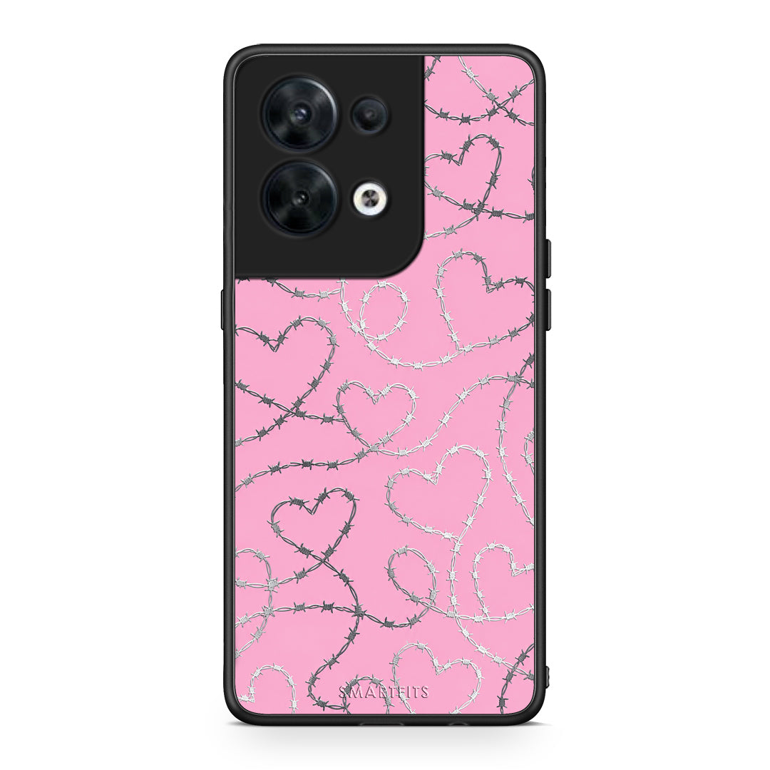 Θήκη Oppo Reno8 5G Barbed Wire Hearts on Pink από τη Smartfits με σχέδιο στο πίσω μέρος και μαύρο περίβλημα | Oppo Reno8 5G Barbed Wire Hearts on Pink case with colorful back and black bezels