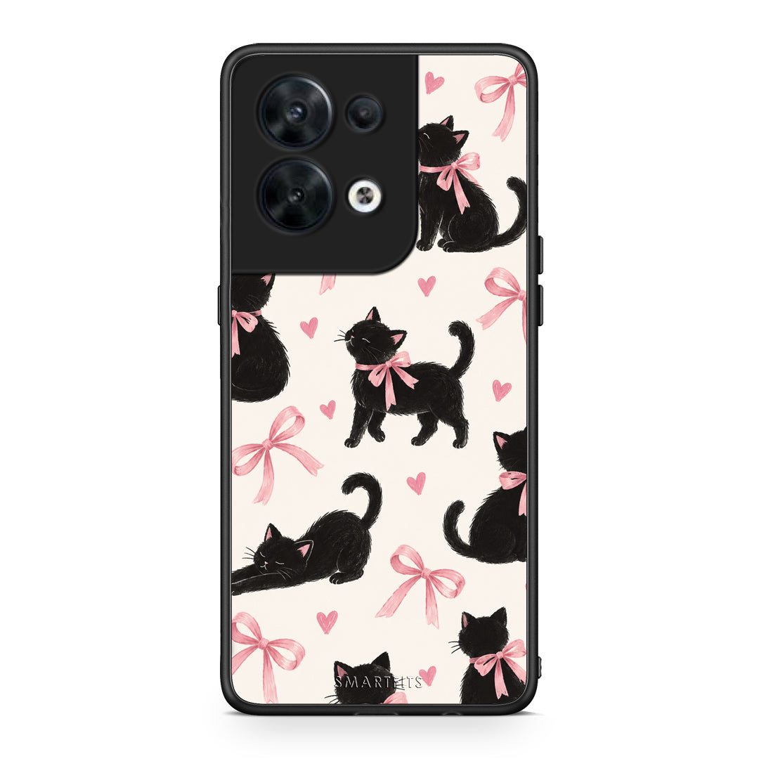 Θήκη Oppo Reno8 5G Black Kittens and Pink Bows on Cream Large από τη Smartfits με σχέδιο στο πίσω μέρος και μαύρο περίβλημα | Oppo Reno8 5G Black Kittens and Pink Bows on Cream Large case with colorful back and black bezels
