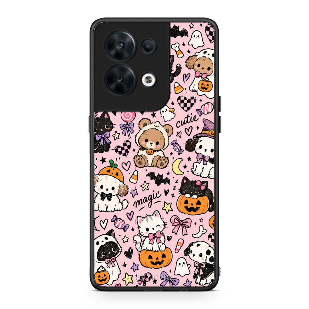 Θήκη Oppo Reno8 5G Halloween Cute Animals on Pink από τη Smartfits με σχέδιο στο πίσω μέρος και μαύρο περίβλημα | Oppo Reno8 5G Halloween Cute Animals on Pink case with colorful back and black bezels