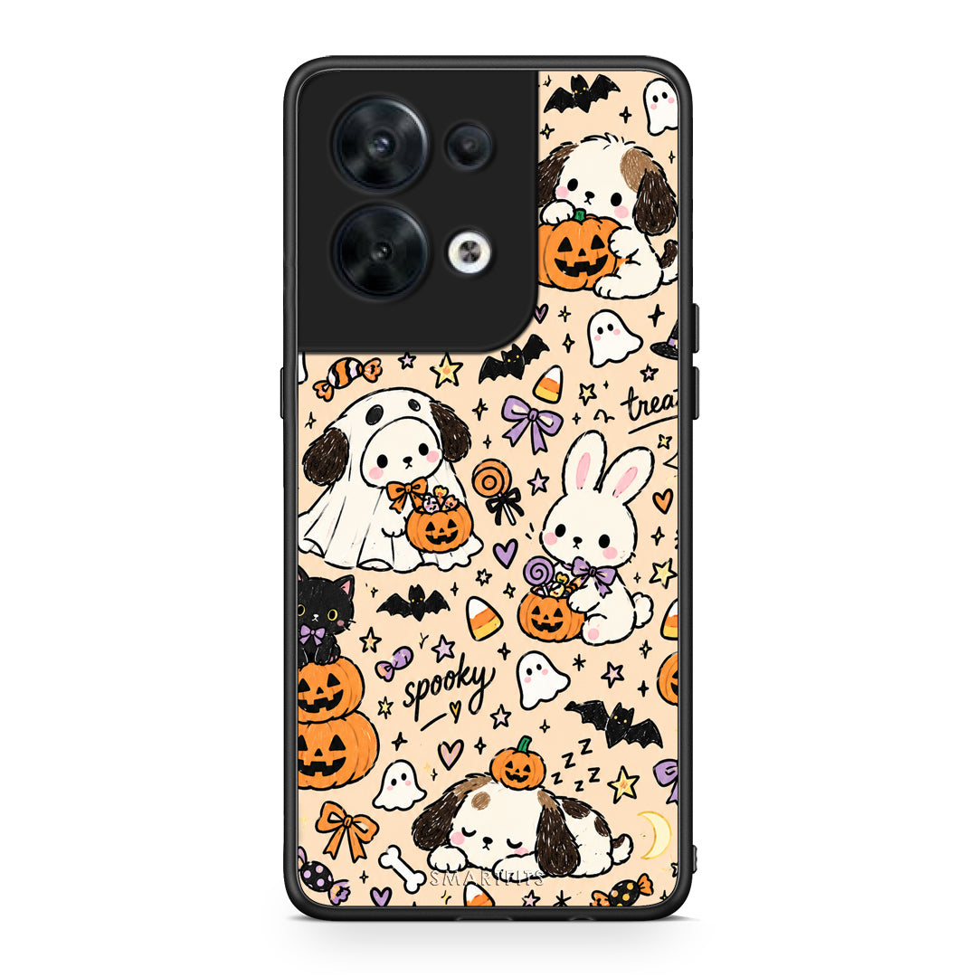 Θήκη Oppo Reno8 5G Halloween Puppies and Friends on Cream από τη Smartfits με σχέδιο στο πίσω μέρος και μαύρο περίβλημα | Oppo Reno8 5G Halloween Puppies and Friends on Cream case with colorful back and black bezels