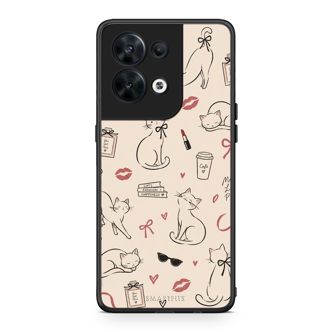 Θήκη Oppo Reno8 5G Minimal Cat and Fashion Doodles on Cream από τη Smartfits με σχέδιο στο πίσω μέρος και μαύρο περίβλημα | Oppo Reno8 5G Minimal Cat and Fashion Doodles on Cream case with colorful back and black bezels