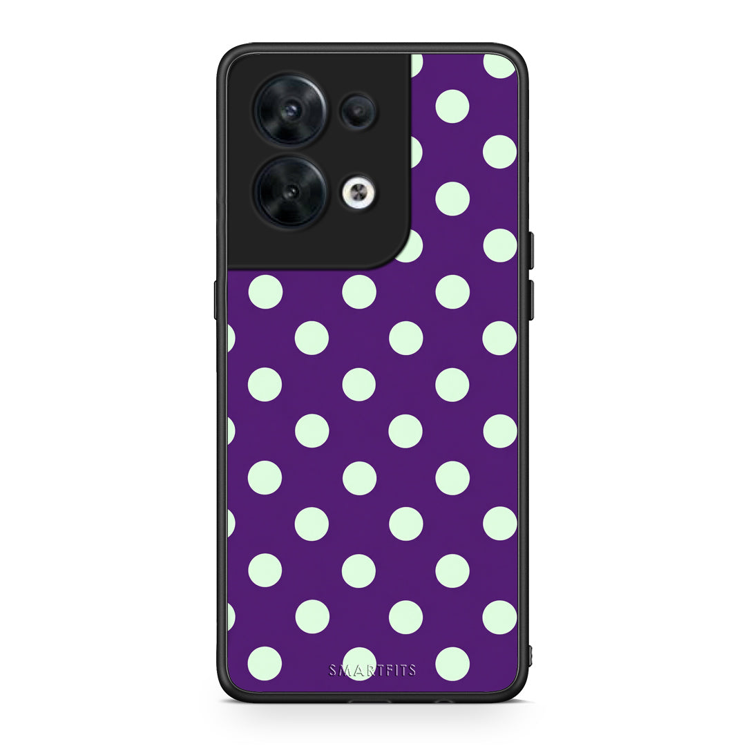 Θήκη Oppo Reno8 5G Mint Polka Dots on Purple από τη Smartfits με σχέδιο στο πίσω μέρος και μαύρο περίβλημα | Oppo Reno8 5G Mint Polka Dots on Purple case with colorful back and black bezels