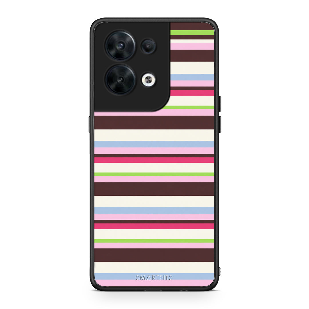 Θήκη Oppo Reno8 5G Multicolour Horizontal Stripes από τη Smartfits με σχέδιο στο πίσω μέρος και μαύρο περίβλημα | Oppo Reno8 5G Multicolour Horizontal Stripes case with colorful back and black bezels
