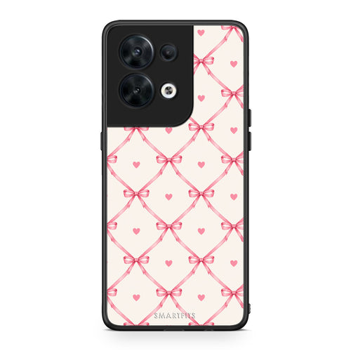 Θήκη Oppo Reno8 5G Pink Bow Lattice and Hearts on Cream από τη Smartfits με σχέδιο στο πίσω μέρος και μαύρο περίβλημα | Oppo Reno8 5G Pink Bow Lattice and Hearts on Cream case with colorful back and black bezels