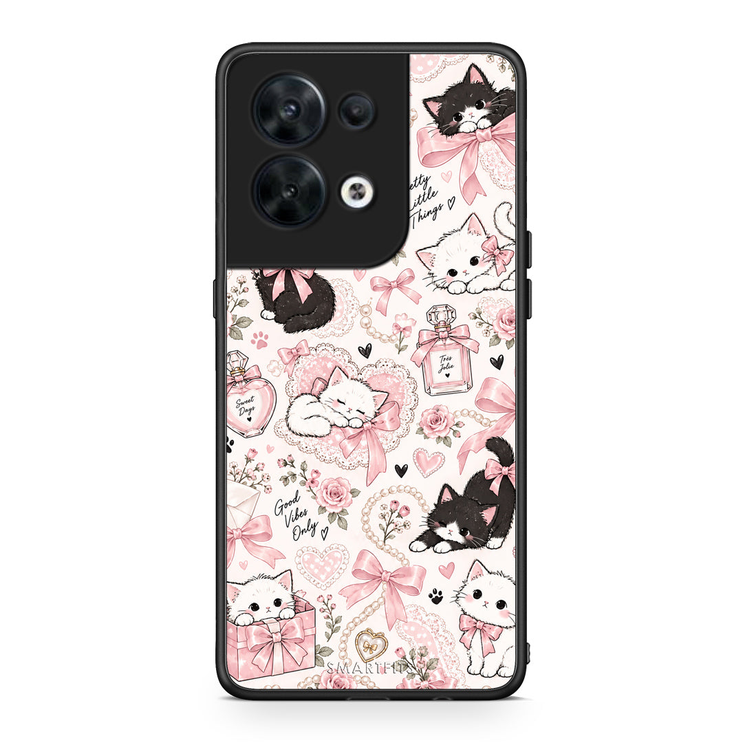 Θήκη Oppo Reno8 5G Pink Bows and Kittens Collage από τη Smartfits με σχέδιο στο πίσω μέρος και μαύρο περίβλημα | Oppo Reno8 5G Pink Bows and Kittens Collage case with colorful back and black bezels