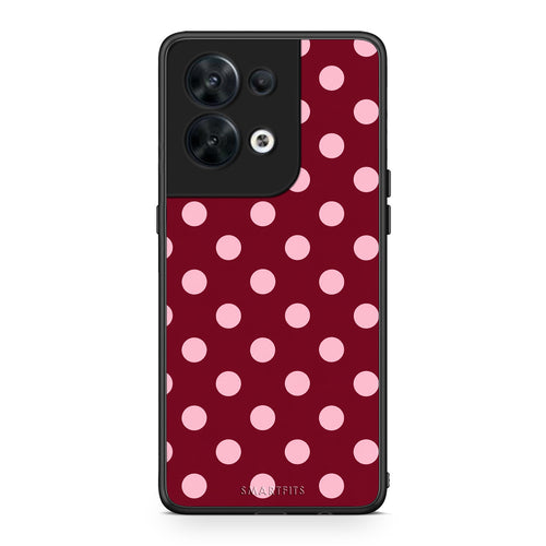 Θήκη Oppo Reno8 5G Pink Polka Dots on Burgundy από τη Smartfits με σχέδιο στο πίσω μέρος και μαύρο περίβλημα | Oppo Reno8 5G Pink Polka Dots on Burgundy case with colorful back and black bezels