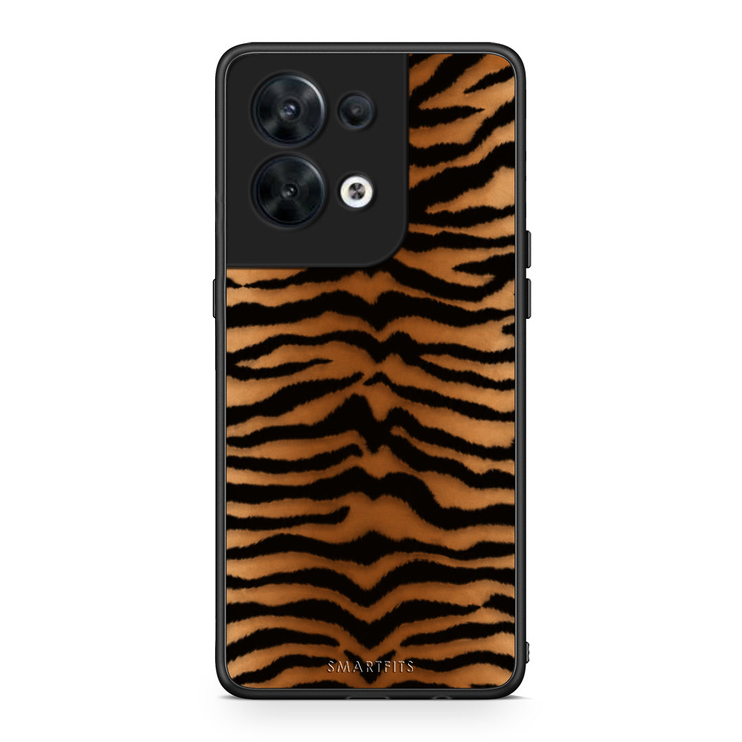 Θήκη Oppo Reno8 5G Tiger Print Orange and Black από τη Smartfits με σχέδιο στο πίσω μέρος και μαύρο περίβλημα | Oppo Reno8 5G Tiger Print Orange and Black case with colorful back and black bezels