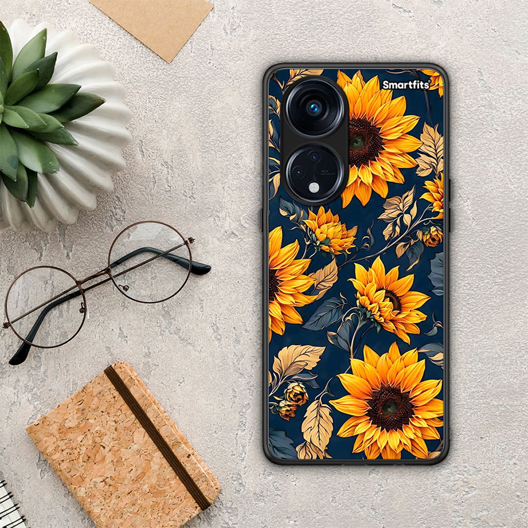 Θήκη Oppo A98 Autumn Sunflowers από τη Smartfits με σχέδιο στο πίσω μέρος και μαύρο περίβλημα | Oppo A98 Autumn Sunflowers Case with Colorful Back and Black Bezels