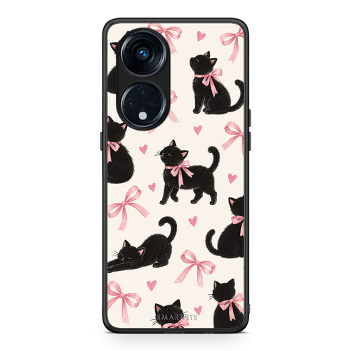 Θήκη Oppo Reno8T 5G / A1 Pro Black Kittens and Pink Bows on Cream Large από τη Smartfits με σχέδιο στο πίσω μέρος και μαύρο περίβλημα | Oppo Reno8T 5G / A1 Pro Black Kittens and Pink Bows on Cream Large case with colorful back and black bezels