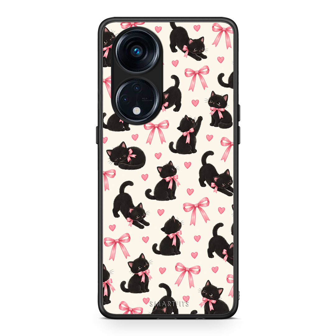 Θήκη Oppo Reno8T 5G / A1 Pro Black Kittens and Pink Bows on Cream Small από τη Smartfits με σχέδιο στο πίσω μέρος και μαύρο περίβλημα | Oppo Reno8T 5G / A1 Pro Black Kittens and Pink Bows on Cream Small case with colorful back and black bezels