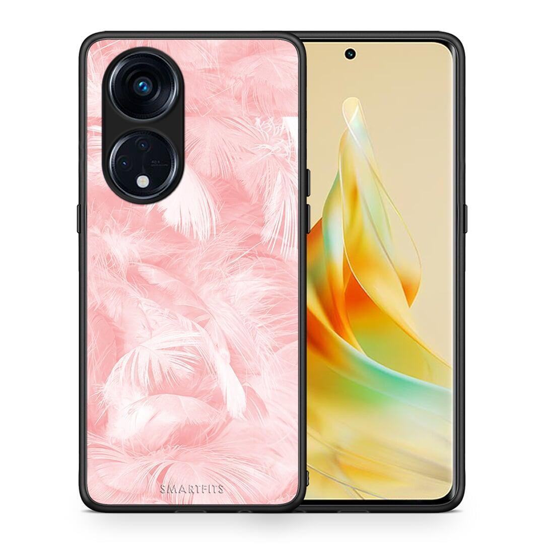 Θήκη Oppo A98 Boho Pink Feather από τη Smartfits με σχέδιο στο πίσω μέρος και μαύρο περίβλημα | Oppo A98 Boho Pink Feather Case with Colorful Back and Black Bezels