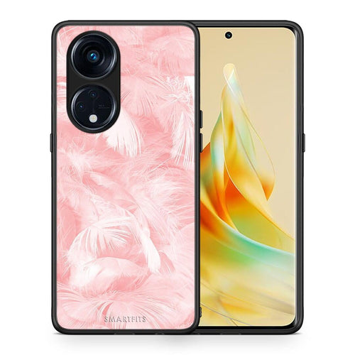 Θήκη Oppo A98 Boho Pink Feather από τη Smartfits με σχέδιο στο πίσω μέρος και μαύρο περίβλημα | Oppo A98 Boho Pink Feather Case with Colorful Back and Black Bezels