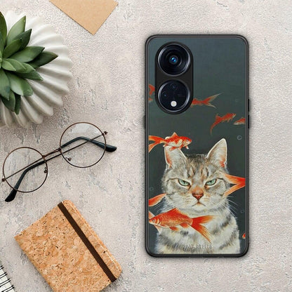 Θήκη Oppo A98 Cat Goldfish από τη Smartfits με σχέδιο στο πίσω μέρος και μαύρο περίβλημα | Oppo A98 Cat Goldfish Case with Colorful Back and Black Bezels