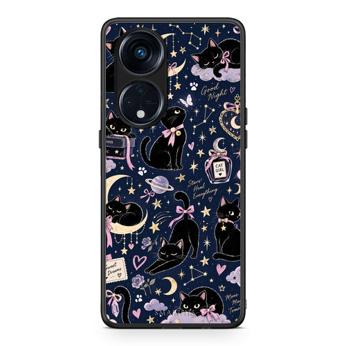 Θήκη Oppo Reno8T 5G / A1 Pro Celestial Black Cats on Navy από τη Smartfits με σχέδιο στο πίσω μέρος και μαύρο περίβλημα | Oppo Reno8T 5G / A1 Pro Celestial Black Cats on Navy case with colorful back and black bezels
