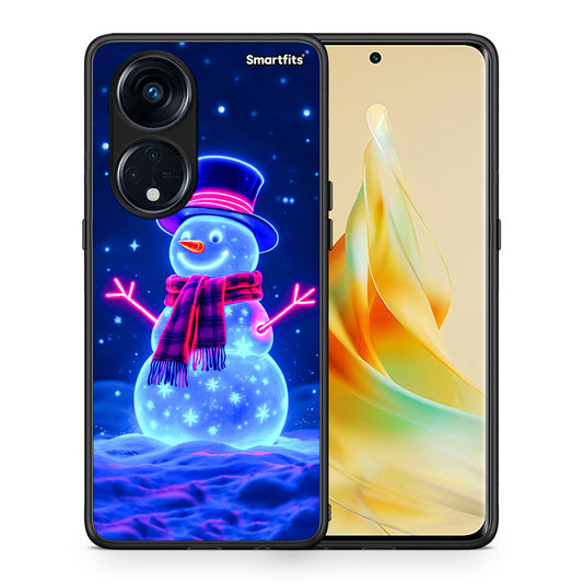 Θήκη Oppo A98 Christmas Neon Snowman από τη Smartfits με σχέδιο στο πίσω μέρος και μαύρο περίβλημα | Oppo A98 Christmas Neon Snowman Case with Colorful Back and Black Bezels