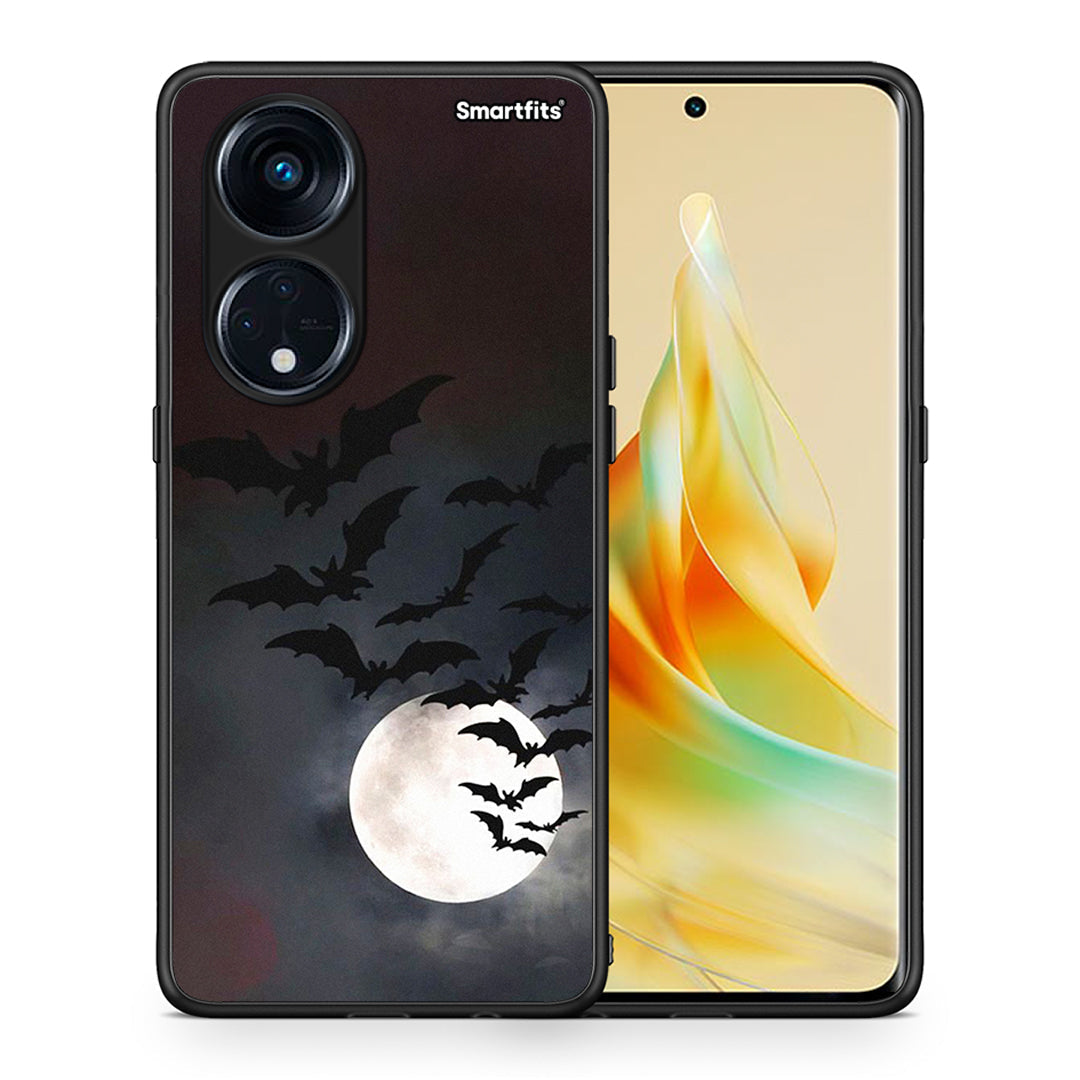 Θήκη Oppo A98 Halloween Bat Night από τη Smartfits με σχέδιο στο πίσω μέρος και μαύρο περίβλημα | Oppo A98 Halloween Bat Night Case with Colorful Back and Black Bezels