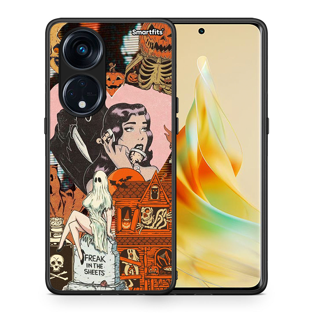 Θήκη Oppo A98 Halloween Collage από τη Smartfits με σχέδιο στο πίσω μέρος και μαύρο περίβλημα | Oppo A98 Halloween Collage Case with Colorful Back and Black Bezels