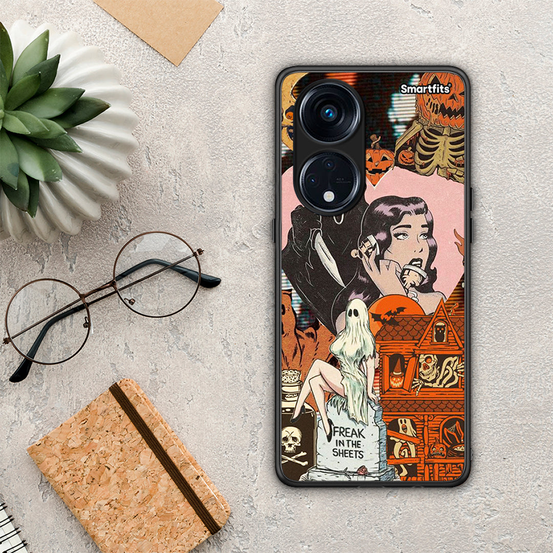 Θήκη Oppo A98 Halloween Collage από τη Smartfits με σχέδιο στο πίσω μέρος και μαύρο περίβλημα | Oppo A98 Halloween Collage Case with Colorful Back and Black Bezels