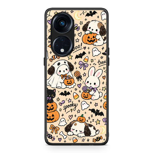 Θήκη Oppo Reno8T 5G / A1 Pro Halloween Puppies and Friends on Cream από τη Smartfits με σχέδιο στο πίσω μέρος και μαύρο περίβλημα | Oppo Reno8T 5G / A1 Pro Halloween Puppies and Friends on Cream case with colorful back and black bezels