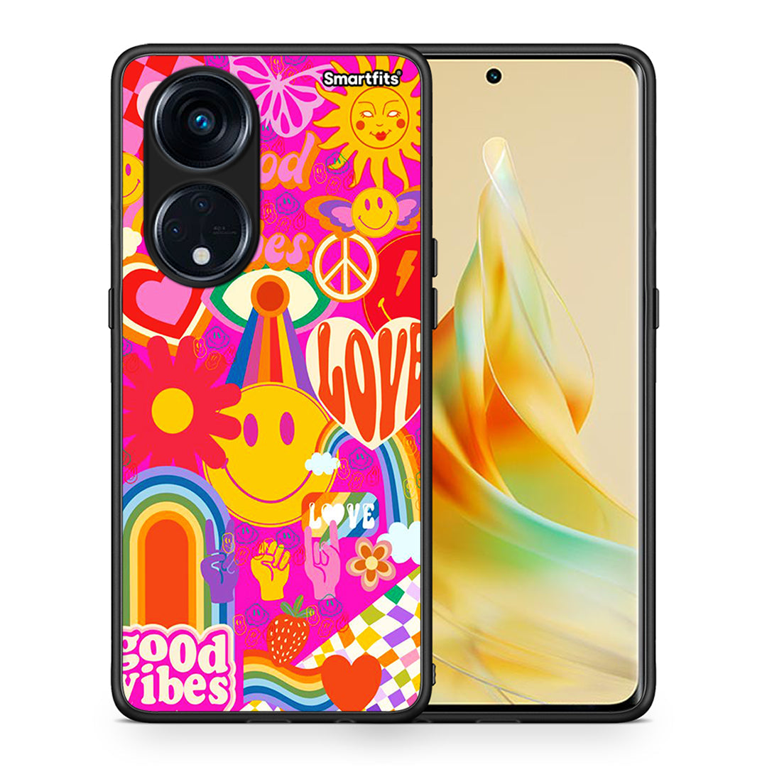 Θήκη Oppo A98 Hippie Love από τη Smartfits με σχέδιο στο πίσω μέρος και μαύρο περίβλημα | Oppo A98 Hippie Love Case with Colorful Back and Black Bezels