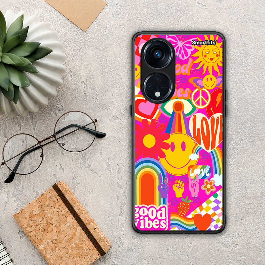 Θήκη Oppo A98 Hippie Love από τη Smartfits με σχέδιο στο πίσω μέρος και μαύρο περίβλημα | Oppo A98 Hippie Love Case with Colorful Back and Black Bezels