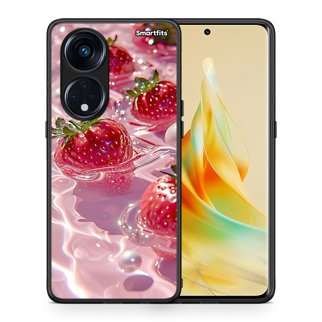 Θήκη Oppo A98 Juicy Strawberries από τη Smartfits με σχέδιο στο πίσω μέρος και μαύρο περίβλημα | Oppo A98 Juicy Strawberries Case with Colorful Back and Black Bezels