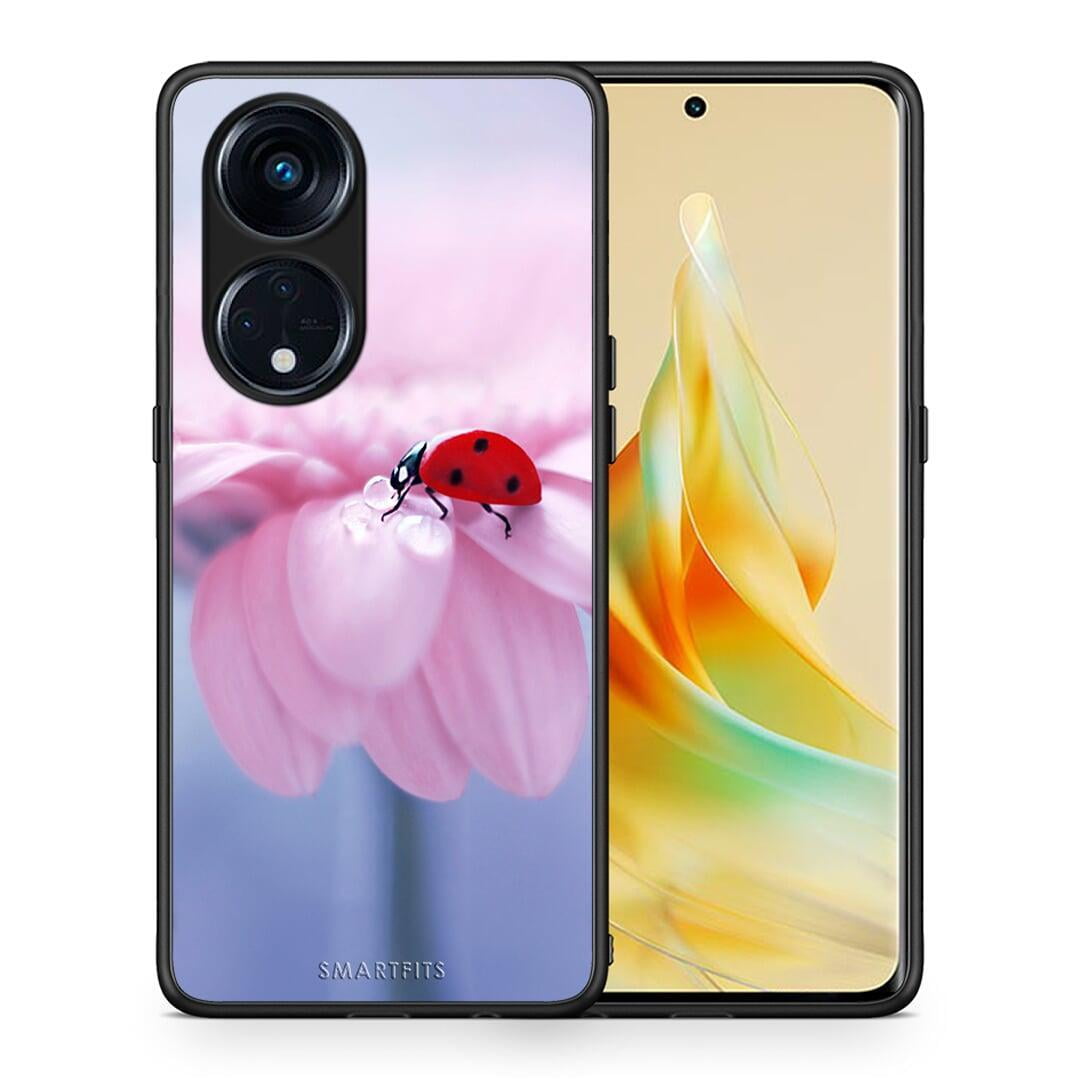 Θήκη Oppo A98 Ladybug Flower από τη Smartfits με σχέδιο στο πίσω μέρος και μαύρο περίβλημα | Oppo A98 Ladybug Flower Case with Colorful Back and Black Bezels