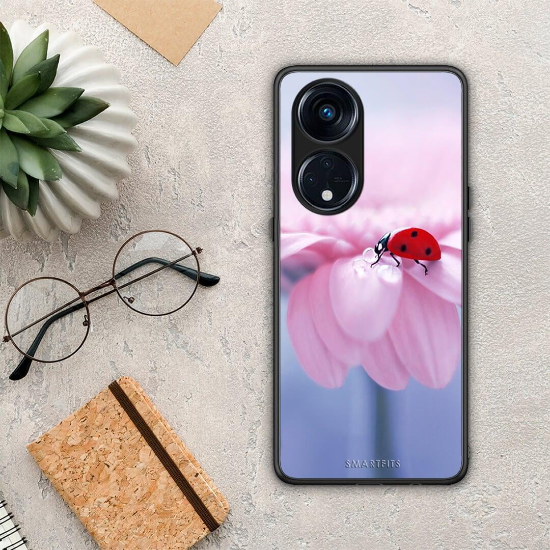 Θήκη Oppo A98 Ladybug Flower από τη Smartfits με σχέδιο στο πίσω μέρος και μαύρο περίβλημα | Oppo A98 Ladybug Flower Case with Colorful Back and Black Bezels