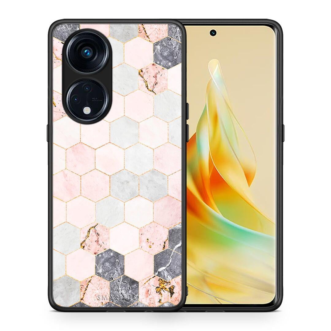 Θήκη Oppo A98 Marble Hexagon Pink από τη Smartfits με σχέδιο στο πίσω μέρος και μαύρο περίβλημα | Oppo A98 Marble Hexagon Pink Case with Colorful Back and Black Bezels