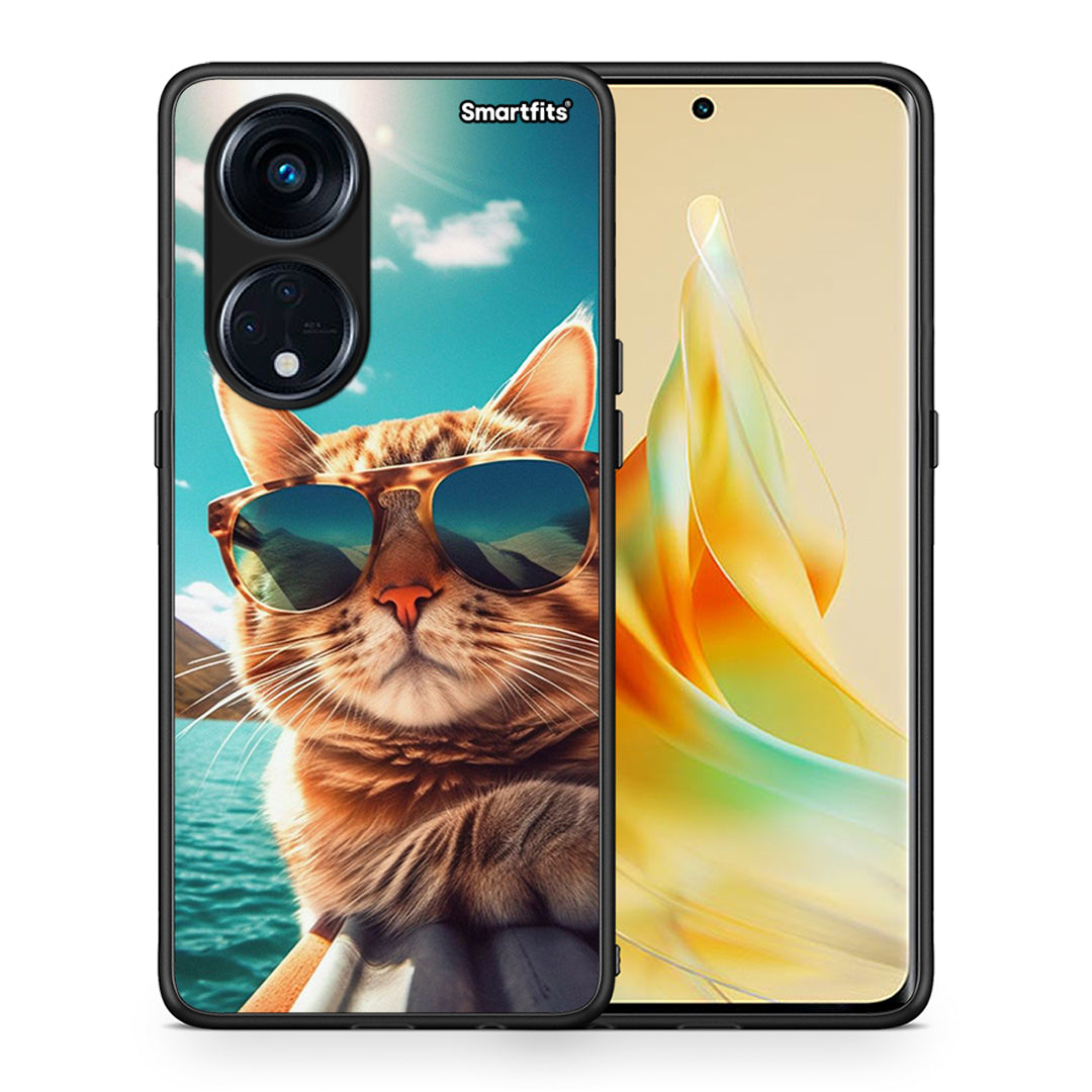 Θήκη Oppo A98 Summer Cat από τη Smartfits με σχέδιο στο πίσω μέρος και μαύρο περίβλημα | Oppo A98 Summer Cat Case with Colorful Back and Black Bezels