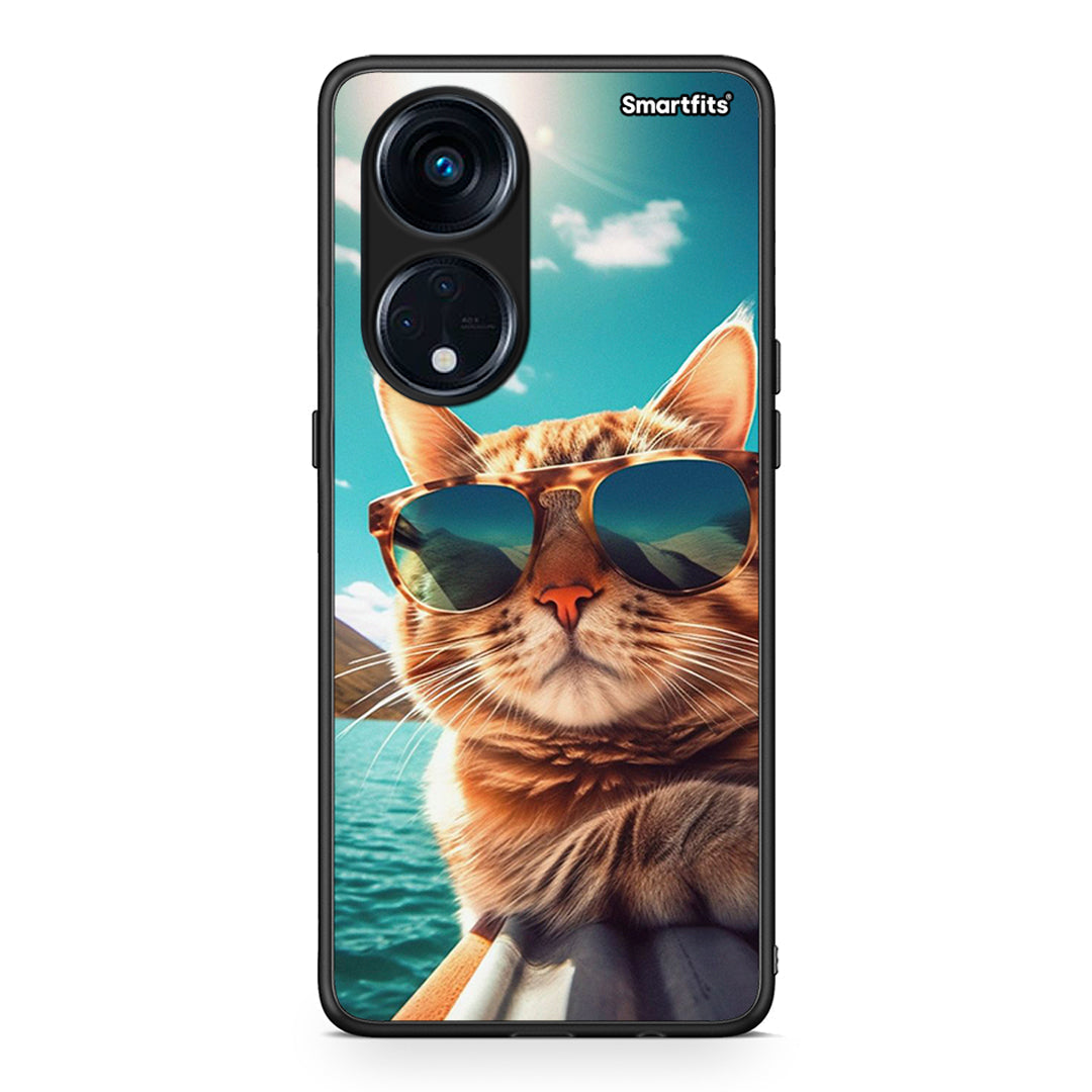 Θήκη Oppo A98 Summer Cat από τη Smartfits με σχέδιο στο πίσω μέρος και μαύρο περίβλημα | Oppo A98 Summer Cat Case with Colorful Back and Black Bezels