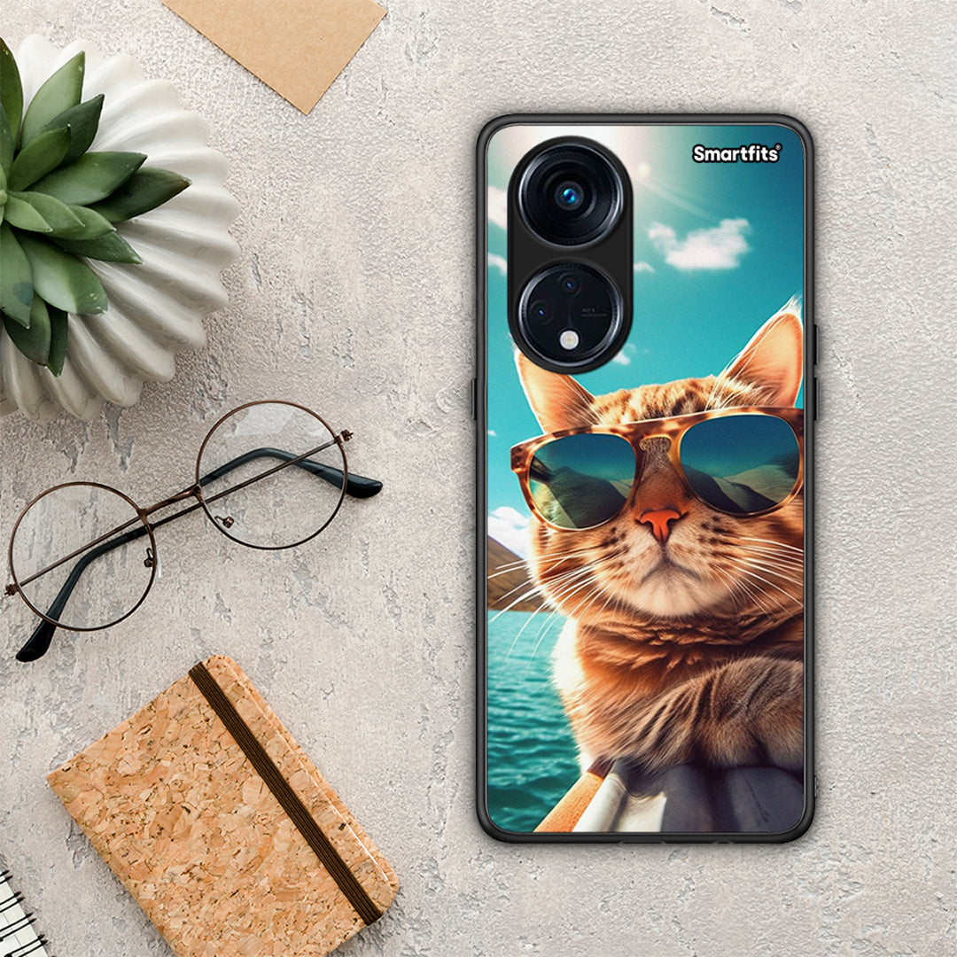 Θήκη Oppo Reno8T 5G / A1 Pro Summer Cat από τη Smartfits με σχέδιο στο πίσω μέρος και μαύρο περίβλημα | Oppo Reno8T 5G / A1 Pro Summer Cat Case with Colorful Back and Black Bezels
