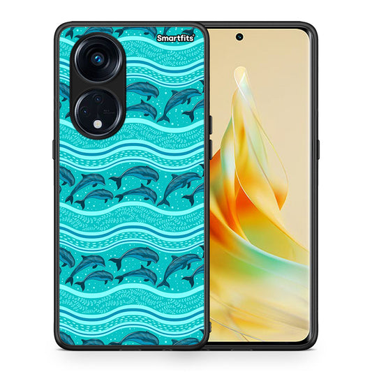 Θήκη Oppo Reno8T 5G / A1 Pro Swimming Dolphins από τη Smartfits με σχέδιο στο πίσω μέρος και μαύρο περίβλημα | Oppo Reno8T 5G / A1 Pro Swimming Dolphins Case with Colorful Back and Black Bezels